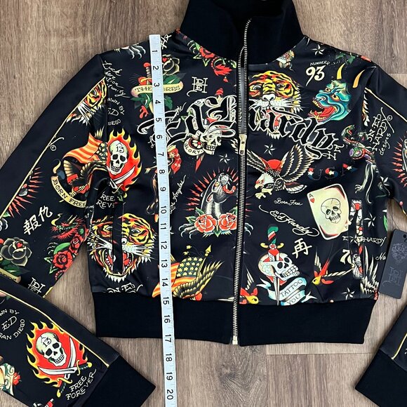 NEW Ed Hardy Crop Flashboard Black Tattoo Track Jacket Sz M - Picture 6 of 15